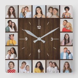 16 Photo Collage Rustic Mörk Brown Wood Fence Fyrkantig Klocka