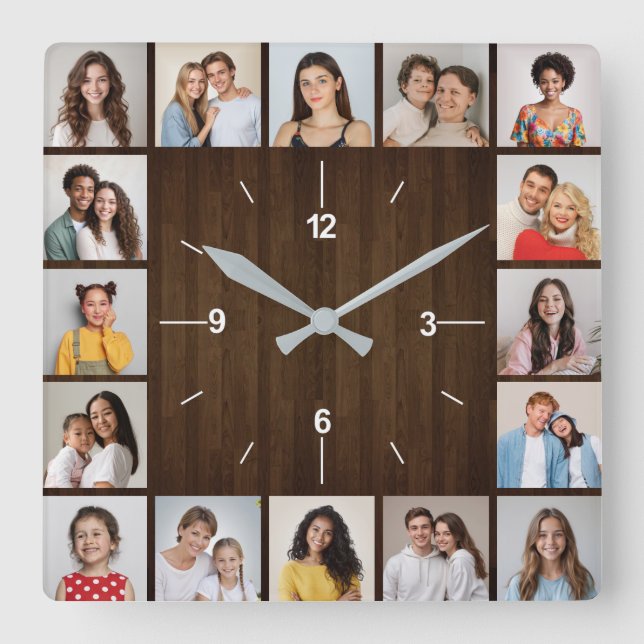 16 Photo Collage Rustic Mörk Brown Wood Fence Fyrkantig Klocka (Framsida)