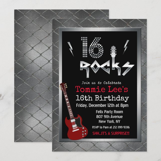 16 Rocks Rockstar Gitarr 16-årsdag Inbjudan (Fram/baksida)