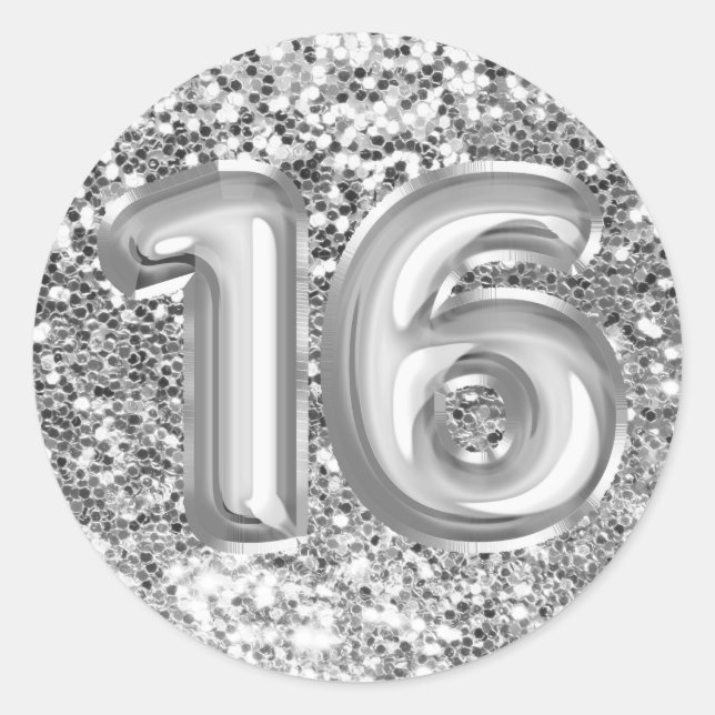 16 Silverfolieballonger Gnistrande Tjock Glitter Runt Klistermärke (Framsida)