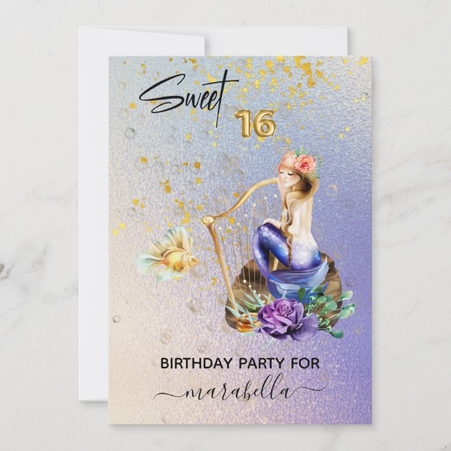 *~* 16 SWEET SIXTEEN Blue Sjöjungfru Ombre Birthda Inbjudningar (Framsida)