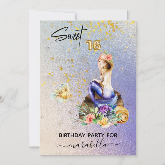 *~* 16 SWEET SIXTEEN Ombre Blue Sjöjungfru Birthda Inbjudningar (Framsida)