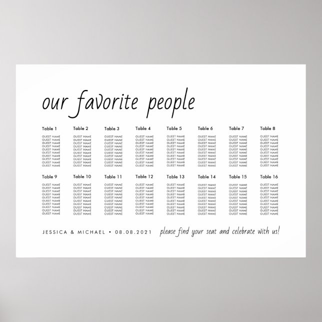 16 Table Elegant Wedding Guest Seating Chart Poster (Framsidan)