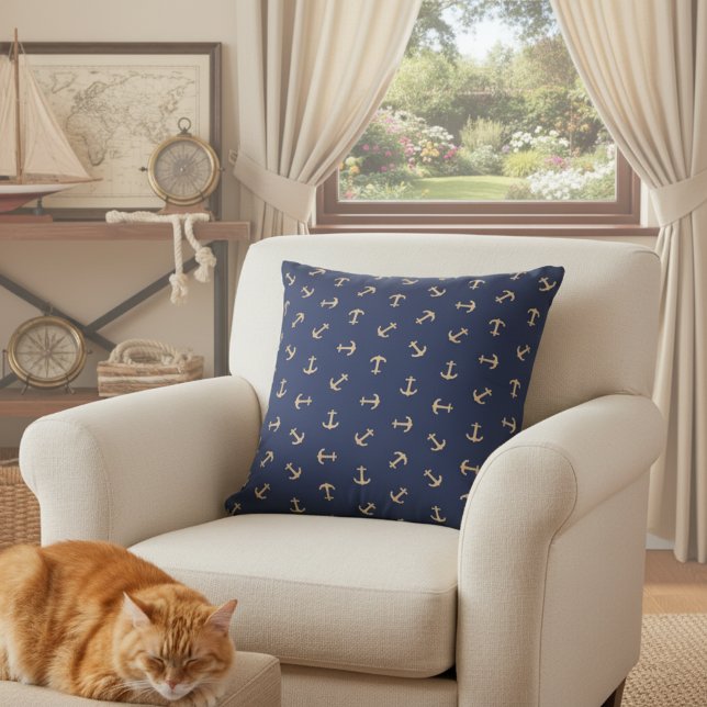 16 x 16 flottblått och Guld ankarplatta för Soffa Kudde (Navy blue anchor throw pillow ⚓)