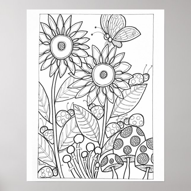 16" x 20" Ladybugs och fjäril med blomma Poster (Framsidan)