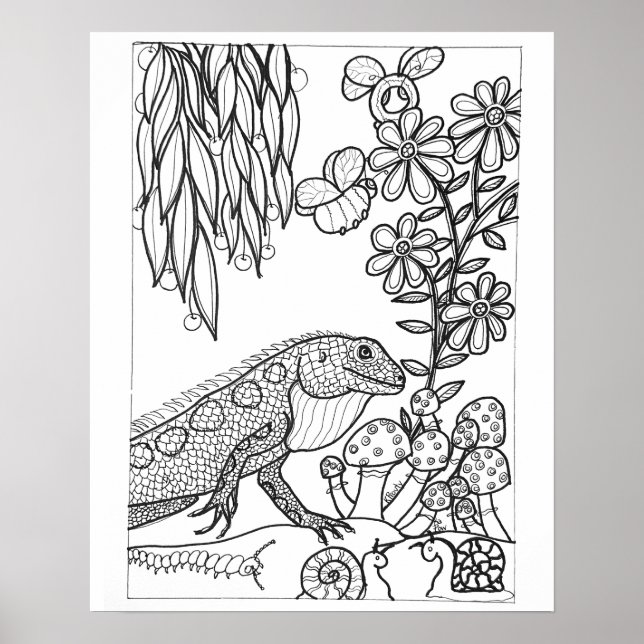 16"x 20" Ödla med blommor färgläggning Poster (Framsidan)