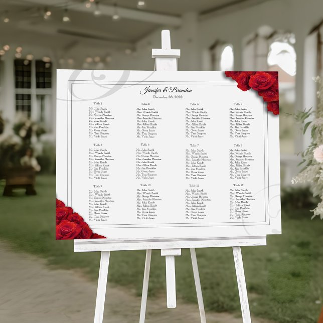 16 x 20 röda rosor sittplatsschema poster (12 Table Elegant Red Roses Seating Chart)