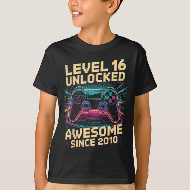 16 Year Old Boy Level 16 Gamer 2010 16th Birthday  T Shirt (Framsida)