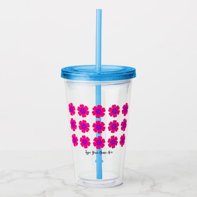16oz Akryltorktumlare med straw och Blommönster Take Away Mugg (Framsida)