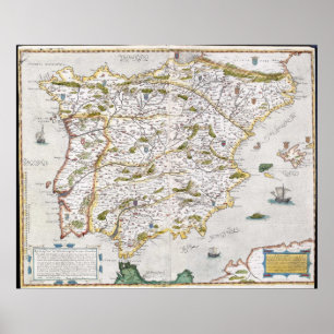 16th Århundradekarta av Iberia Poster