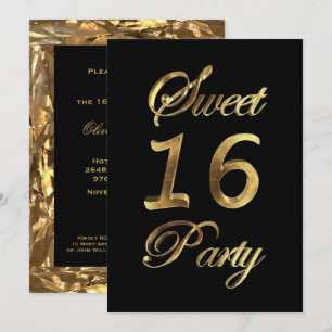 16th årsdagsvart och guld för födelsedag söta 16 inbjudningar