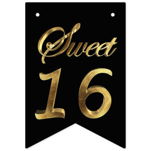 16th årsdagsvart och guld för födelsedag söta vimplar