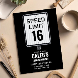 16th Birthday Speed Limit Black and White Sign Inbjudningar