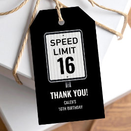 16th Birthday Speed Limit Black and White Sign Presentetikett