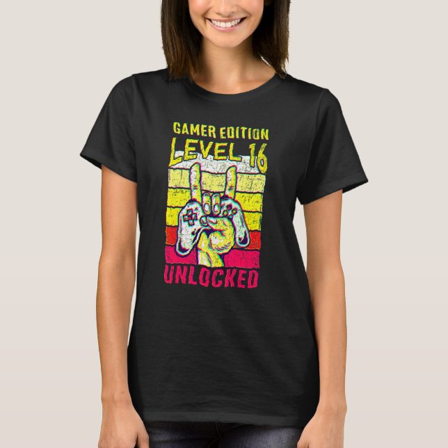 16th Birthday Video Gamer Edition Level 16 Unlocke T Shirt (Framsida)