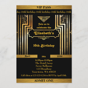 16th födelsedag 16th, Gatsby stil, biljett, svart Inbjudningar