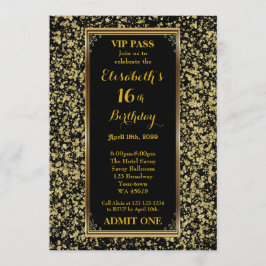 16th födelsedag 16th, glitterguld, biljett, svart inbjudningar
