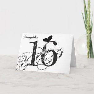 16th födelsedag, dotter, fjäril, svart & white. kort