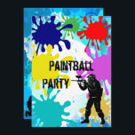 16th födelsedag för Paintball Inbjudningar<br><div class="desc">Kall rolig inbjudan för pojke och manar. Ljusa splatters av målar är på bekläda av denna som kalla den utskrivavna inbjudanmallen med avbildar av en man som kläs och som är klar för paintballroligten. Det omvänt av detta kort har en vattenfärgad att måla splatbakgrund avbildar med soldaten huka sig ned...</div>