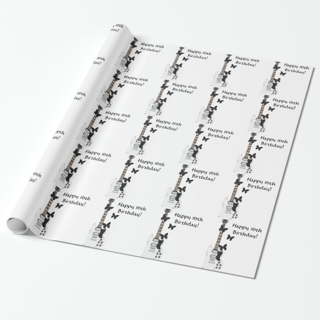 16th Födelsedag-, gitarr- & fjärilsgåvapapper Presentpapper (Utrullad)