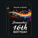16th födelsedagsfest för regnbågevitmusik noter<br><div class="desc">Invitera familjen och vänner till ett party som firar din söta 16th med dessa musikaliska födelsedagsfest inbjudan med vitmusik noter som flyter på en regnbåge av att virvla runt färger på en svart bakgrund. Texten på bekläda och baksidaen av inbjudningarna är fullständigt anpassadet för ditt egna speciella tillfälle. Vi välkomnar...</div>