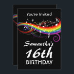 16th födelsedagsfest för regnbågevitmusik noter inbjudningar<br><div class="desc">Invitera familjen och vänner till ett party som firar din söta 16th med dessa musikaliska födelsedagsfest inbjudan med vitmusik noter som flyter på en regnbåge av att virvla runt färger på en svart bakgrund. Texten på bekläda och baksidaen av inbjudningarna är fullständigt anpassadet för ditt egna speciella tillfälle. Vi välkomnar...</div>