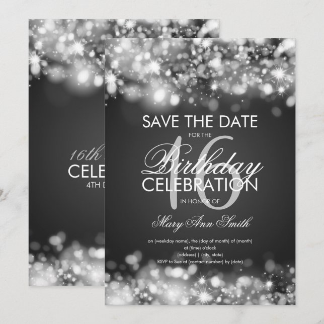 16th Födelsedagsfest "spara silver för datera" Inbjudningar (Fram/baksida)