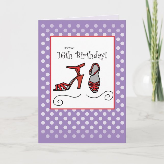 16th Girl Birthday Card, Shoes, Lila Polka dots Kort (Framsida)