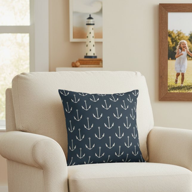 16x16 Marinblå Kuddvar Navalankare Kudde (Navy blue anchor print throw pillow.)