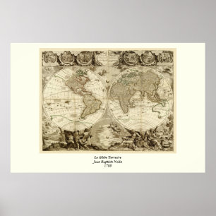 1708 Världskarta av Jean Baptiste Nolin Poster