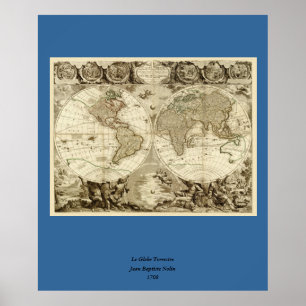 1708 Världskarta av Jean Baptiste Nolin Poster