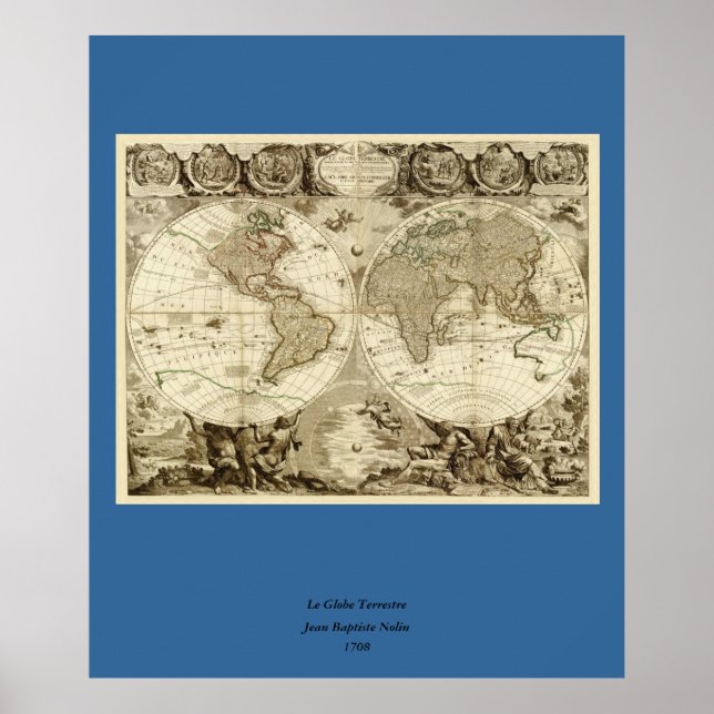 1708 Världskarta av Jean Baptiste Nolin Poster (Framsidan)