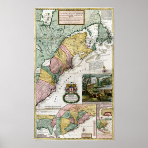 1715 Karta av brittiska kolonier i Amerika Poster