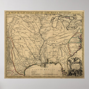 1721 Karta Louisiana-området och Mississippifloden Poster
