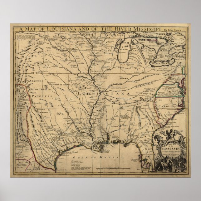 1721 Karta Louisiana-området och Mississippifloden Poster (Framsidan)