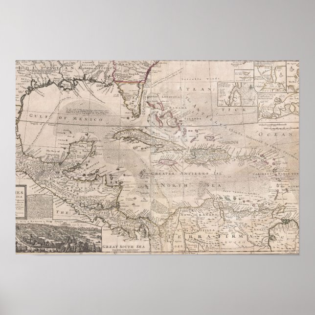 1732 Engelskt diagram över Karibien LARGE Poster (Framsidan)