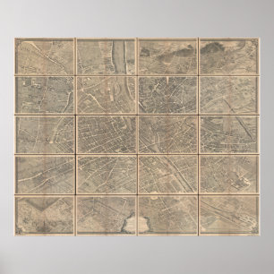 1739 Turgot View och Karta i Paris Frankrike Brete Poster