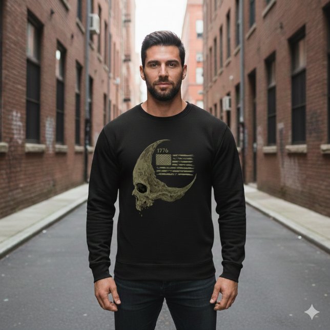 1776 American Flag Skull Crescent Moon T-Shirt Lång Ärmad Tröja (Skapare uppladdad)