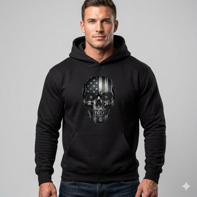 1776 American Flag Skull Hoodie | USA 250th  (Honor the Republic in style with this 1776 Distressed American Flag Skull Hoodie. 250 Years Strong!)