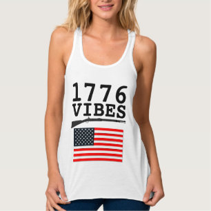 1776 GUN & AMERICAN FLAGGA Patriotic T-Shirts Linne Med Racerback