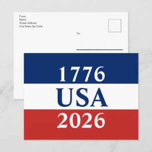 1776 USA 2026 Röd Vit Blå Patriotisk Dubbelsidig Vykort