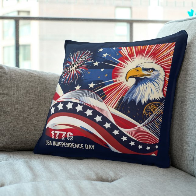 1776 USA Independence day Kudde (1776 USA Independence Day: Patriotic Eagle & Fireworks Throw Pillow)