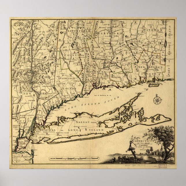 1780 Karta i Connecticut och Long Island, NY Poster (Framsidan)