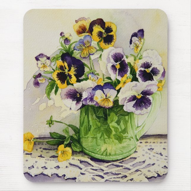 1794 Pansies i grön Glass kanna Musmatta (Framsidan)