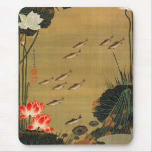 17. 蓮 池 遊 魚 図, 若 冲 med Lotus, Jakuchū Musmatta