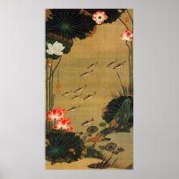 17. 蓮 池 遊 魚 図, 若 冲 med Lotus, Jakuchū