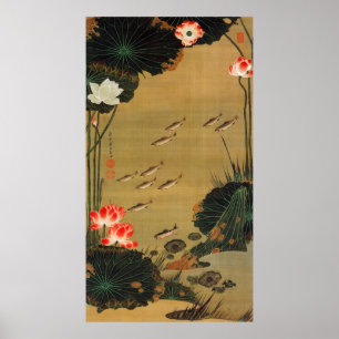 17. 蓮 池 遊 魚 図, 若 冲 med Lotus, Jakuchū Poster