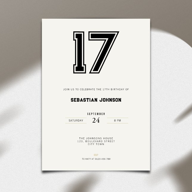 17-års inbjudan - Minimal sportstil (17th birthday invitation simple sport design for teenagers)