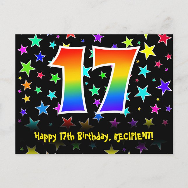 17-årsdag: Roligt stjärnmönster, regnbåge 17, namn Vykort (Framsida)