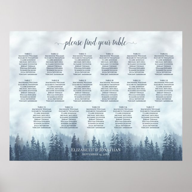 17 Bord Blå Tall Skog Bröllopsplatskarta Poster (Framsidan)